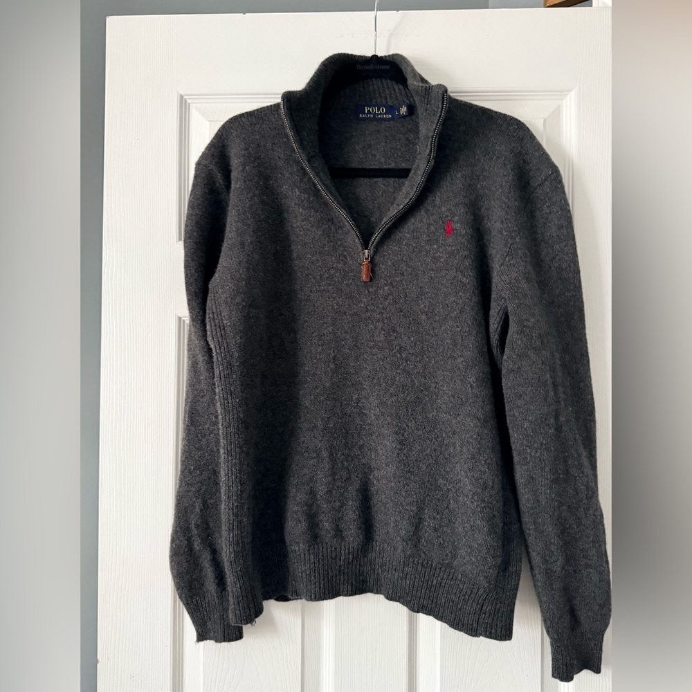 Ralph Lauren Men's Charcoal 1/4 Zip 100% Lambswool Sweater